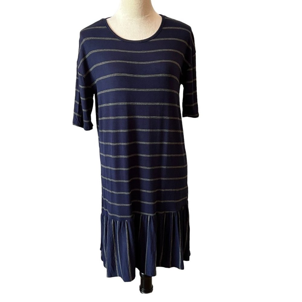 Daisy Island Striped Dropped Ruffle Dress Navy and Grey Womens M
